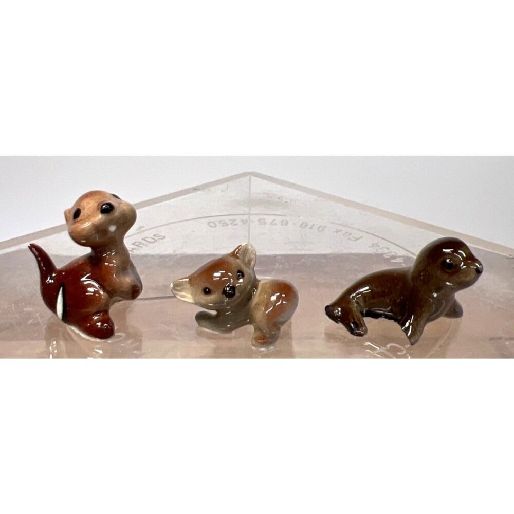 Vtg Mini Ceramic Animal Figurines Set Of 3 -Seal Squirrel Kola Brown Glossy